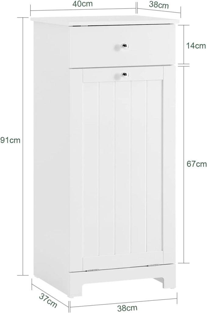 Mobiletto Bagno Salvaspazio con Cassetto e Cesto Portabiancheria Estraibile - Armadietto Stretto Verticale per Bagno Piccolo o Lavanderia - Mobile Bagno in MDF Bianco, L40×P38×H90 cm, BZR21-II-W