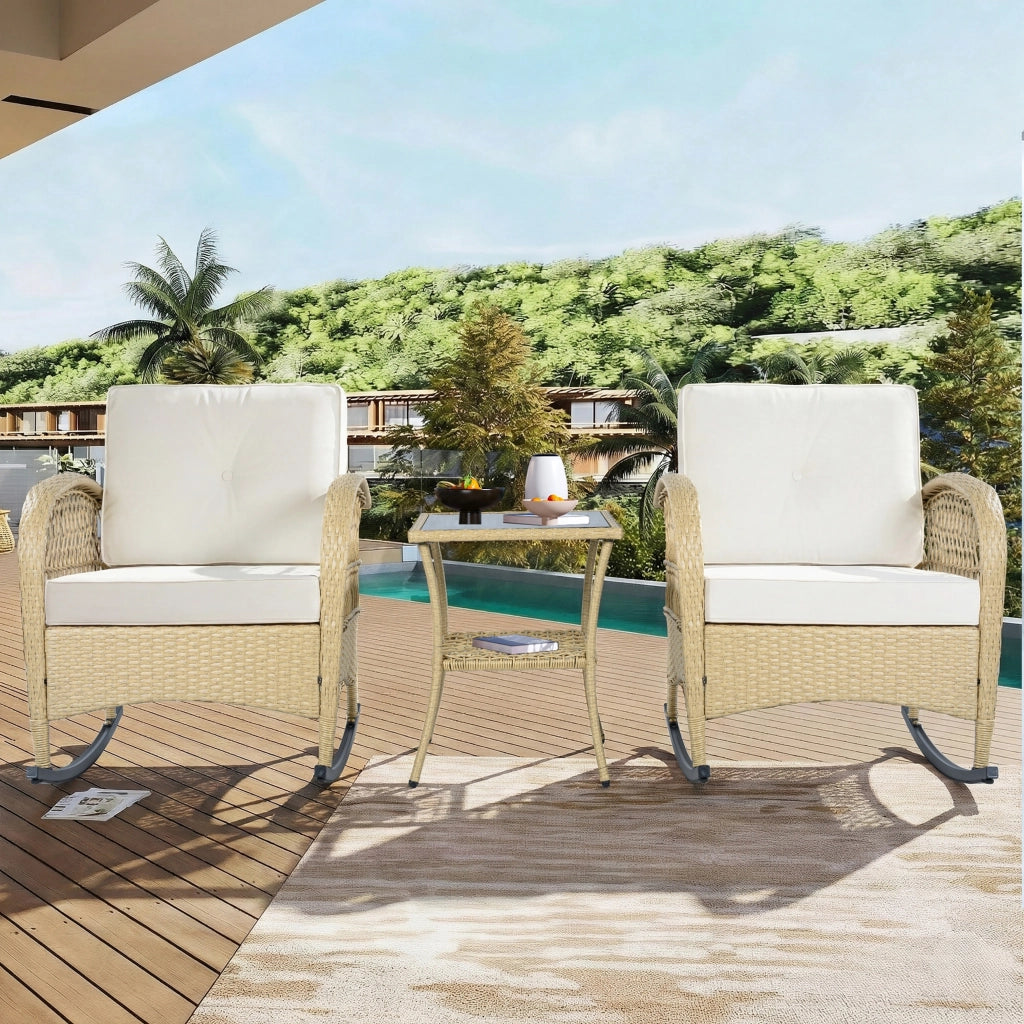 Set mobili balcone rattan 3 pezzi: sedia dondolo; cuscini beige; portata 160kg