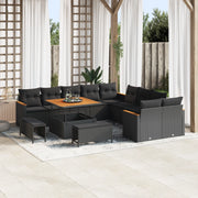 Set divani da giardino 13 pezzi con cuscini neri in polyrattan e acacia