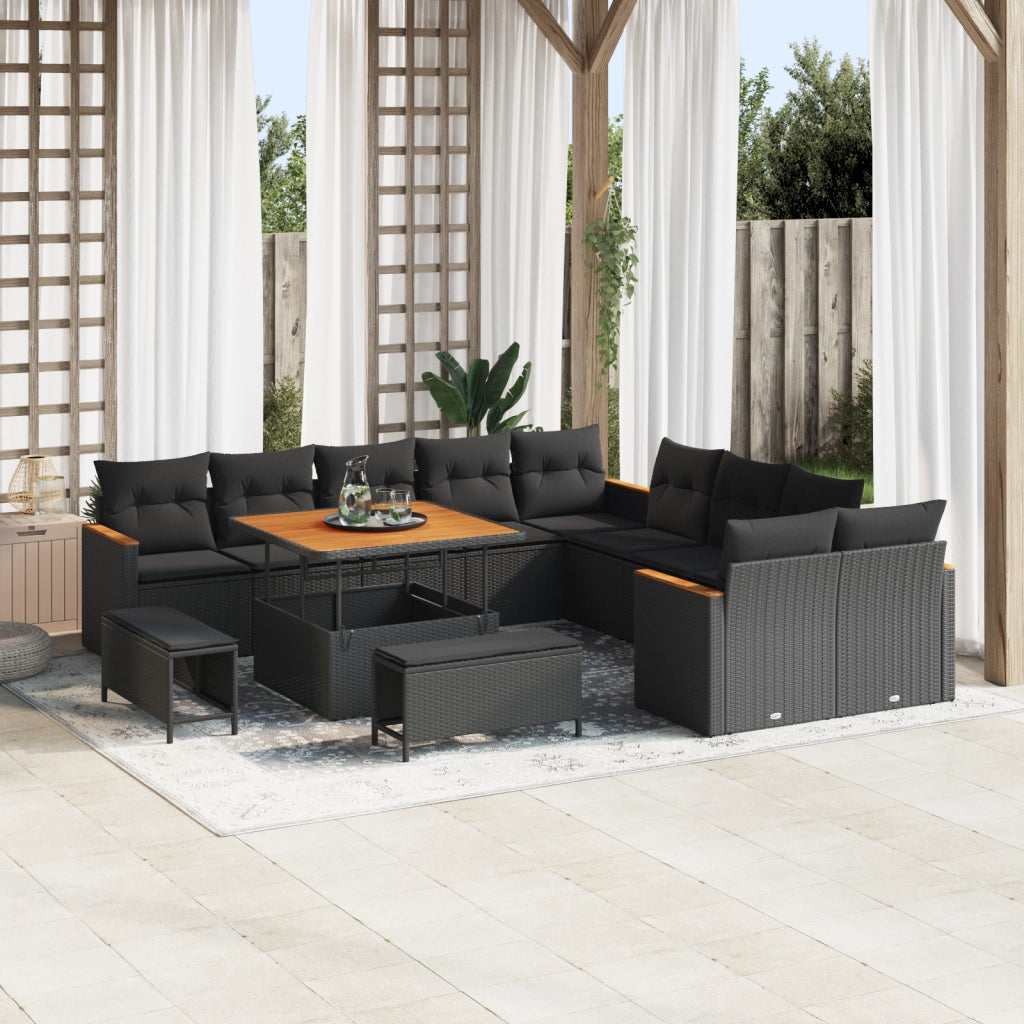 Set divani da giardino 13 pezzi con cuscini neri in polyrattan e acacia