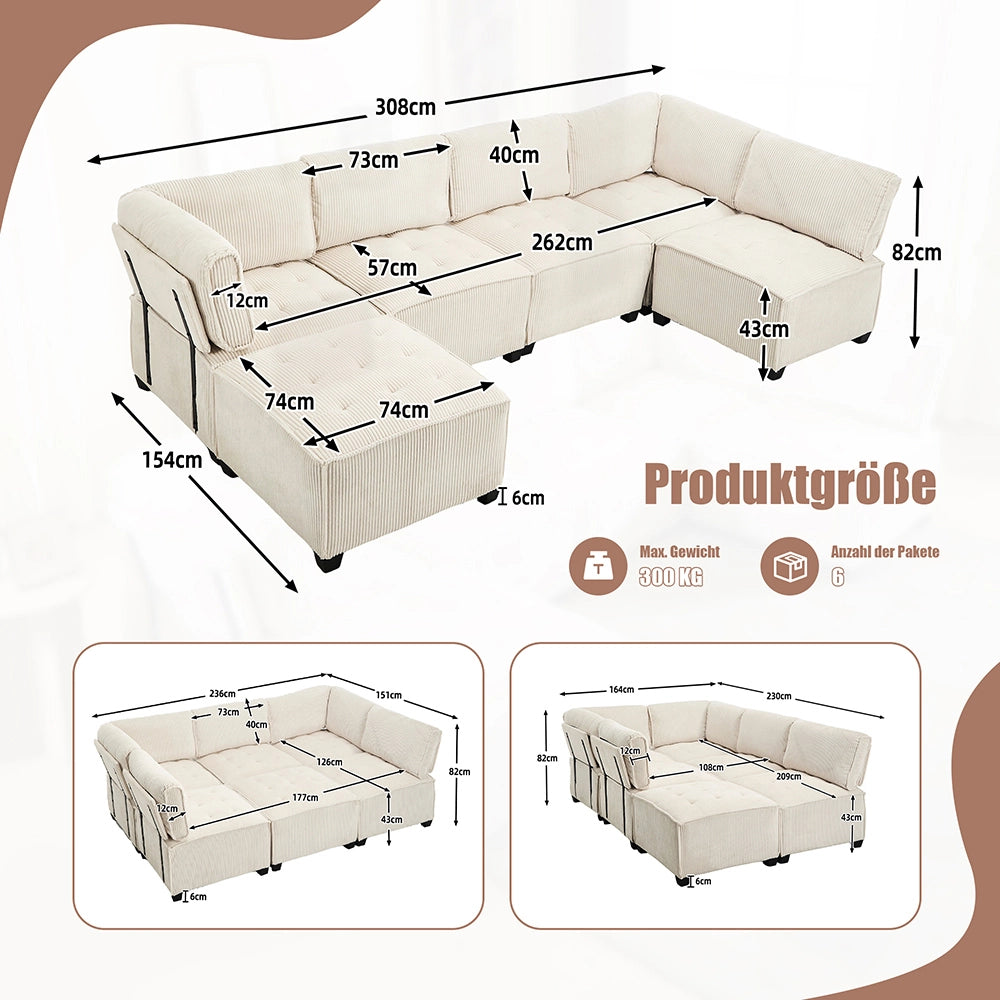 Divano modulare - Xylo - 308cm 6 posti velluto costato con tasche e struttura legno/metallo