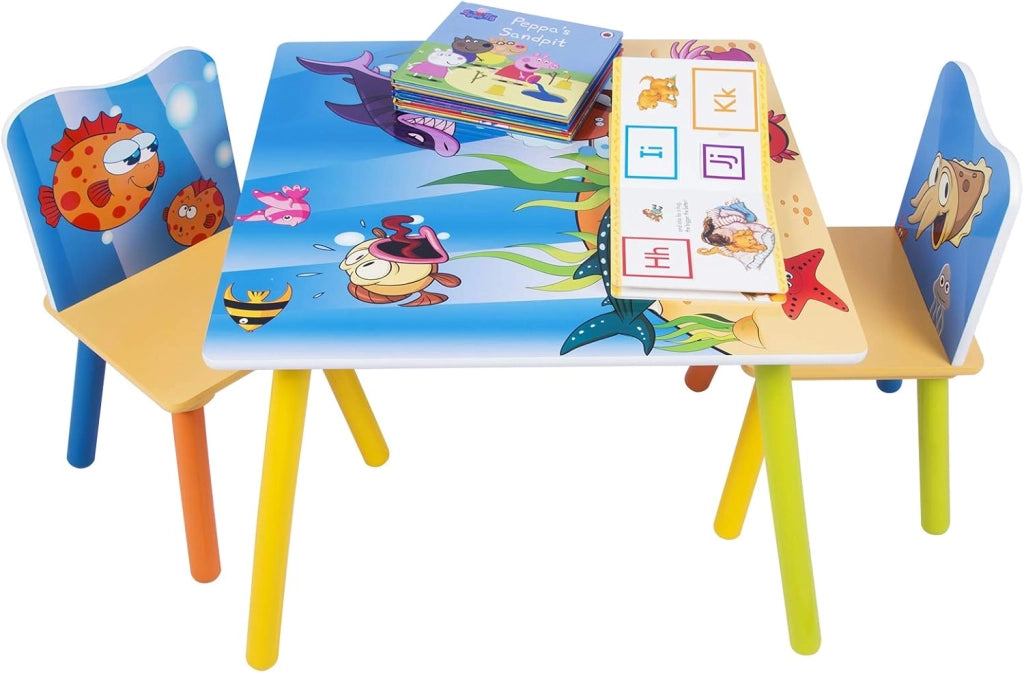 Set Mobili Tavolo e Sedie per Bambini Tavolino con 2 Sgabelli Soggiorno Design Oceano in Legno