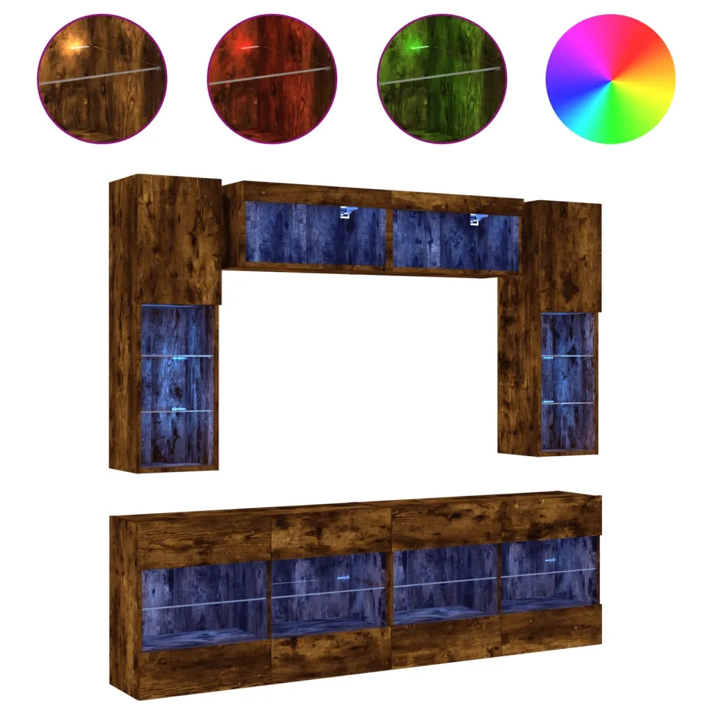 Set Mobili TV a Muro 6 pz con Luci LED Rovere Fumo 3216801