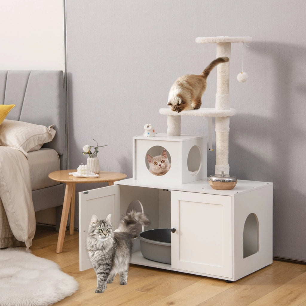 Casa per lettiera per gatti in legno con torre pallina tintinnante divisorio, Mobile per gatti da interno Bianco-Lettini e divanetti