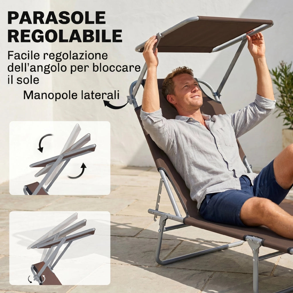Lettino Prendisole da Giardino Pieghevole e Regolabile con Tettuccio in Tessuto Marrone, 187x58x50 cm