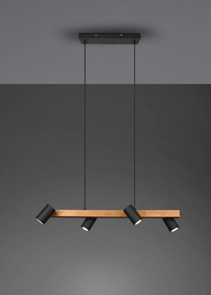 Lampadario Marley nero/legno 4 luci GU10 Trio h150cm
