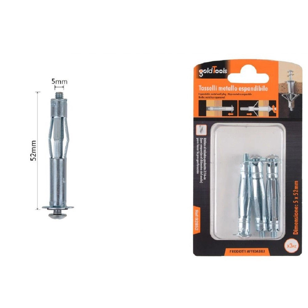 Trade Shop - Set 3 Pz Tasselli Metallici Espandibili Viti A Espansione Stile I 5x52 Mm 92852 -