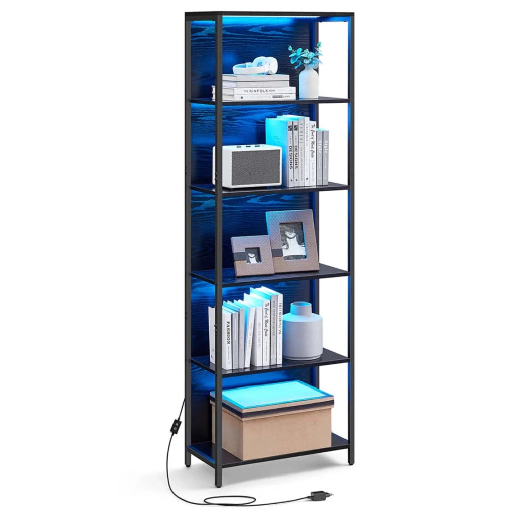 Libreria a LED a 6 ripiani con luce regolabile unità di archiviazione con struttura in acciaio 303 x 60 x 178,6 cm per soggiorno camera da letto ufficio nero 12_0004274