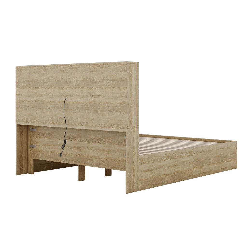 OKWISH Letto con Cassetti 160×200 cm, Letto Matrimoniale con USB, 2 Cassetti e 6 Mensole, senza Materasso, in Pannelli, Naturale