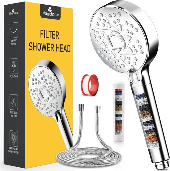 Douchekop con filtro, 20-trappiste filtrazione, 6 tipi di getto, douchekop a risparmio d'acqua con tubo da 2 m, doccia ad alta pressione universale, riduce la durezza dell'acqua con accessori extra sostituibili