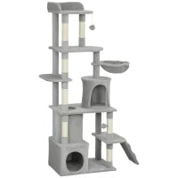 Albero Tiragraffi per Gatti con 2 Casette, Amaca, Tunnel, e Lettino, Pali in Sisal, 60x40x170 cm, Grigio
