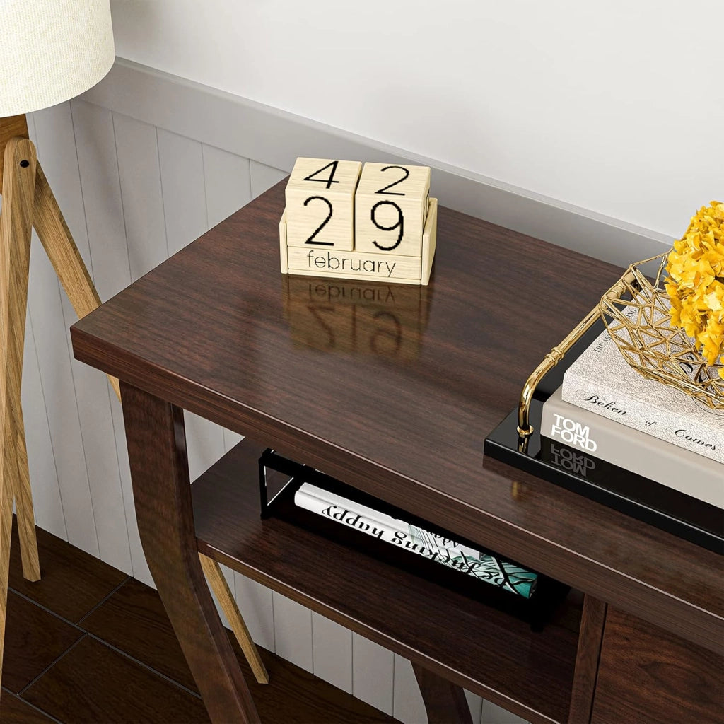 Tavolo Consolle Legno, a 3 Ripiani, Stretto e Compatto, Cassetto con Manico, Console per Soggiorno, Salotto, Ingresso, Portata di 60 kg, 120x30x81cm, 3 Colori (Marrone)