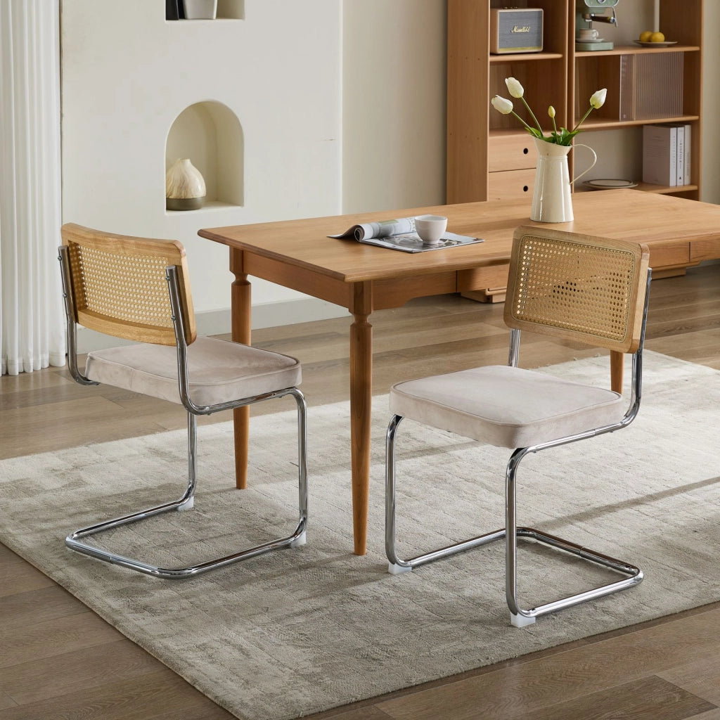 Sedie da Pranzo Set 2 Pezzi Velluto con Schienale in Rattan ¨C MINIMAL ¨C Struttura Cromata, Beige