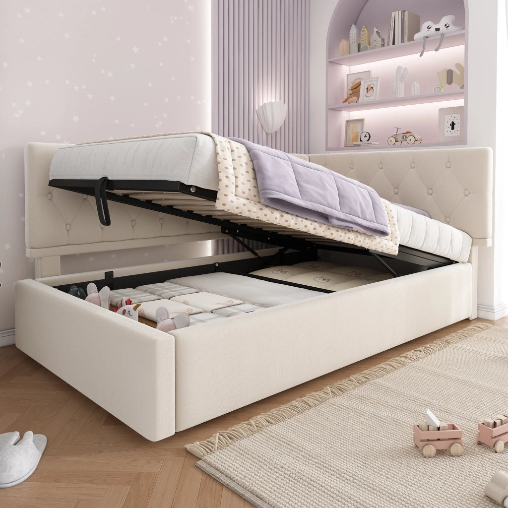 Letto imbottito 90x200 cm in velluto beige con contenitore idraulico, struttura in metallo, senza materasso