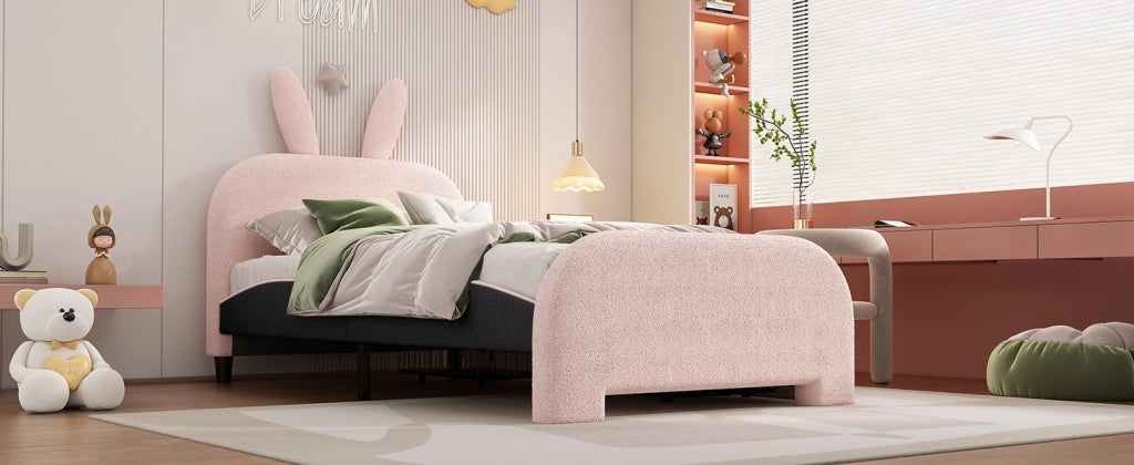 DESMIU Letto per bambini 90 × 200 cm 1 posto con 2 cassetti e testiera a coniglio, senza materasso, in peluche, rosa