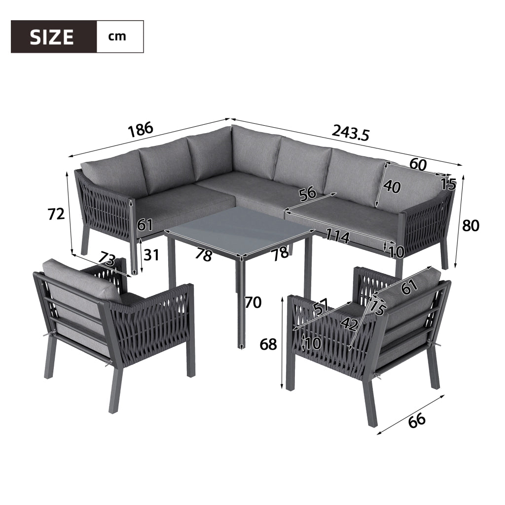 Set da Giardino 8 Posti con Tavolo, Divano Angolare e Poltrone ¨C MINIMAL ¨C Polyrattan Grigio, Piano in Vetro