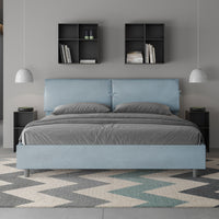 Letto Matrimoniale King Size 180x210 cm Senza Rete Testata con Cuscini Imbottito in Microfibra Mados Azzurro
