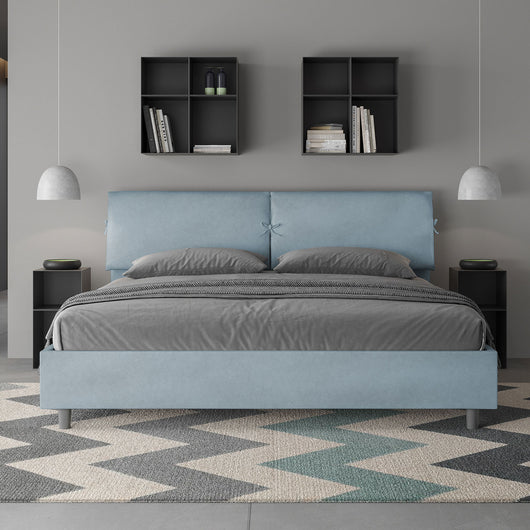 Letto Matrimoniale King Size 180x200 cm con Rete e Contenitore Testata con Cuscini Imbottito in Microfibra Mados Azzurro