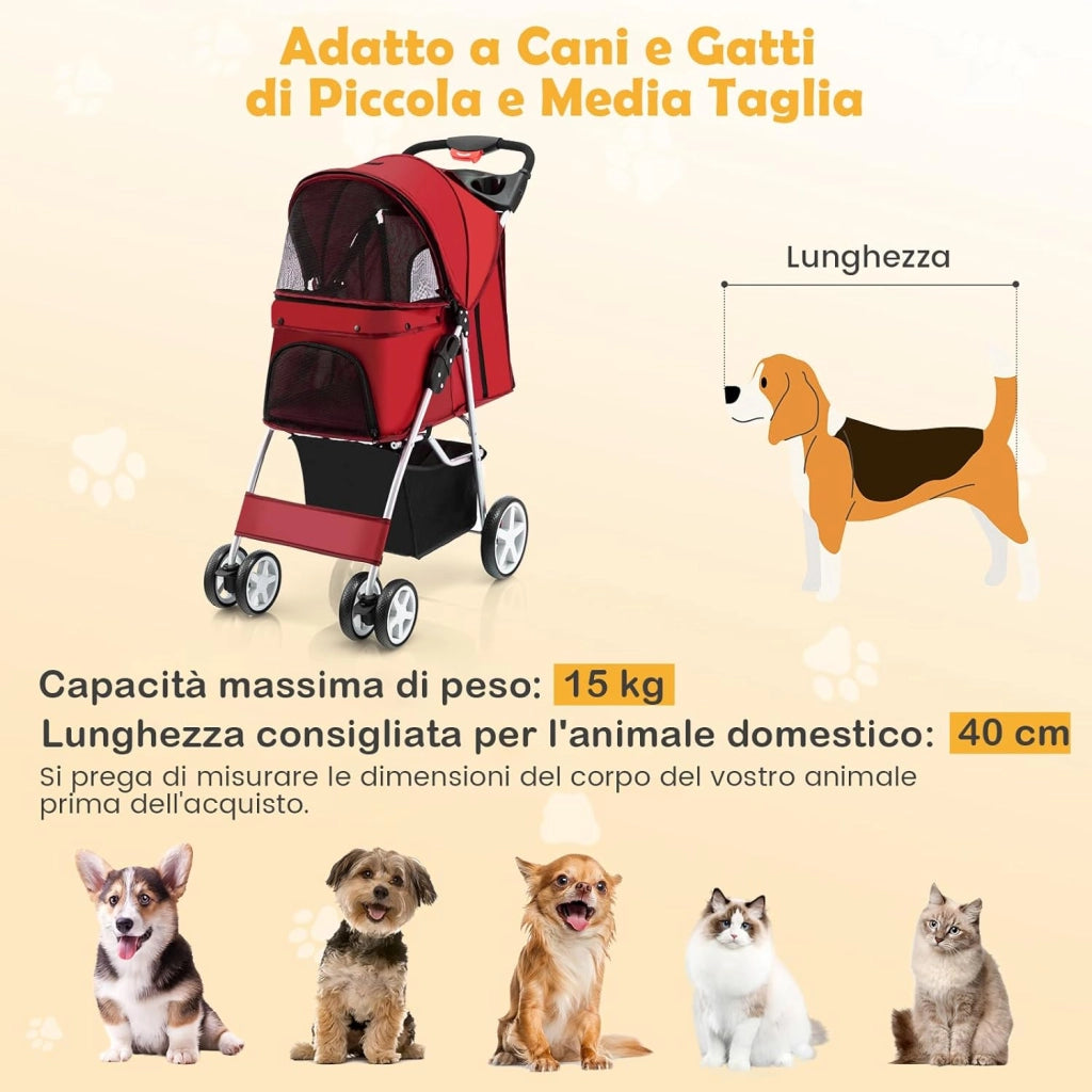 Passeggino per Cani, Carrozzina per Cani Pieghevole Fino a 15 kg, 4 Ruote con Finestra a Rete Porta Bicchiere e Cesto, Passeggino Portatile per Animali Piccola e Media (Rosso)