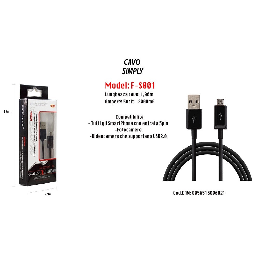 Trade Shop - Cavo Usb Simply Smartphone Samsung 5volt - 2000ma 1,00mt 5pin Maxtech F-s001 -