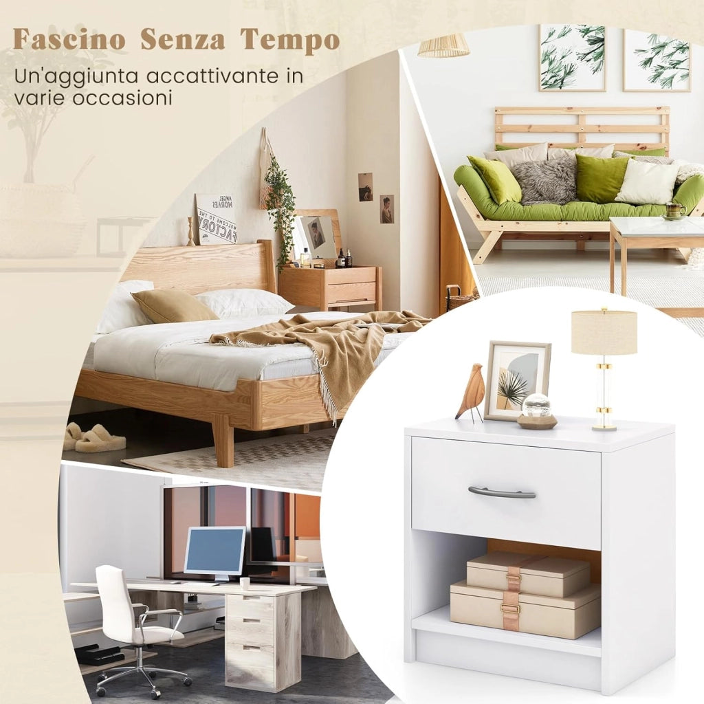 COSTWAY Comodino 38,5 x 28 x 40,5cm in Legno, Tavolino Salvaspazio con Scomparto Aperto e Casseto per Soggiorno e Camera da Letto (Bianco)