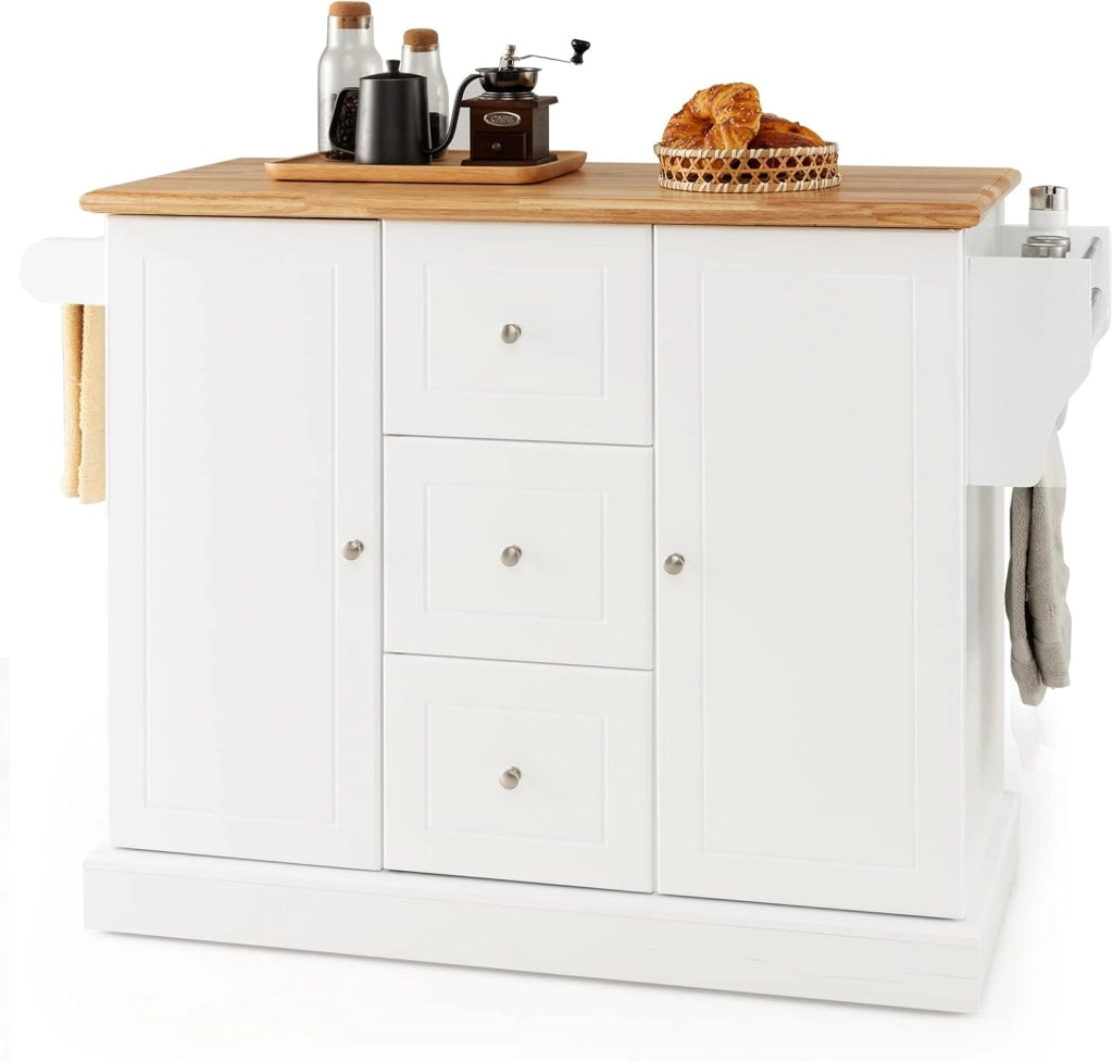 Carrello da Cucina Con Rotelle Nascoste, Isola in Legno Con 3 Cassetti e 2 Armadietti, Credenza Con Barra Laterale per Asciugamani e Portaspezie, 127x46x91,5cm (Nero)