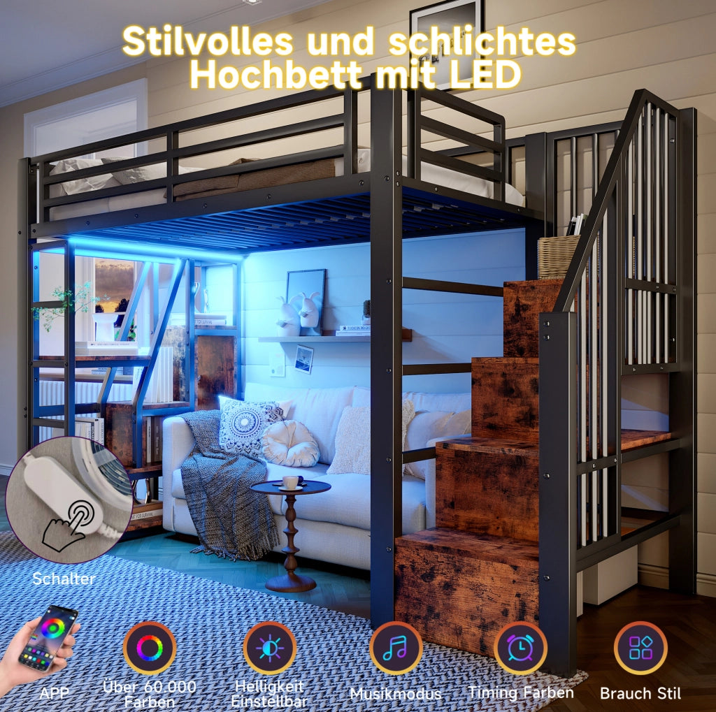 Letto a soppalco 90x200 cm in metallo e MDF con LED; ripiani e scala contenitore nero
