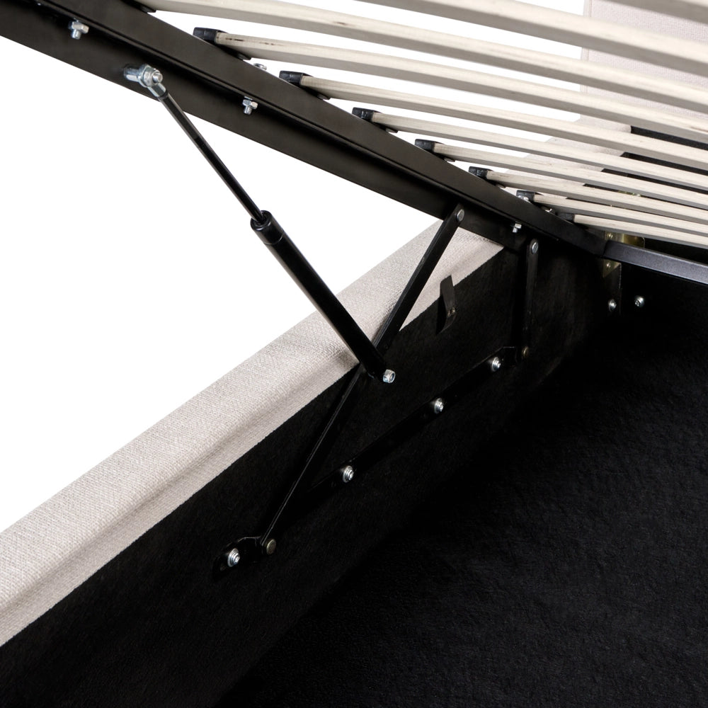 Letto contenitore imbottito in tessuto bianco sporco 180 x 200 cm testiera asimmetrica a gradini in stile scandinavo