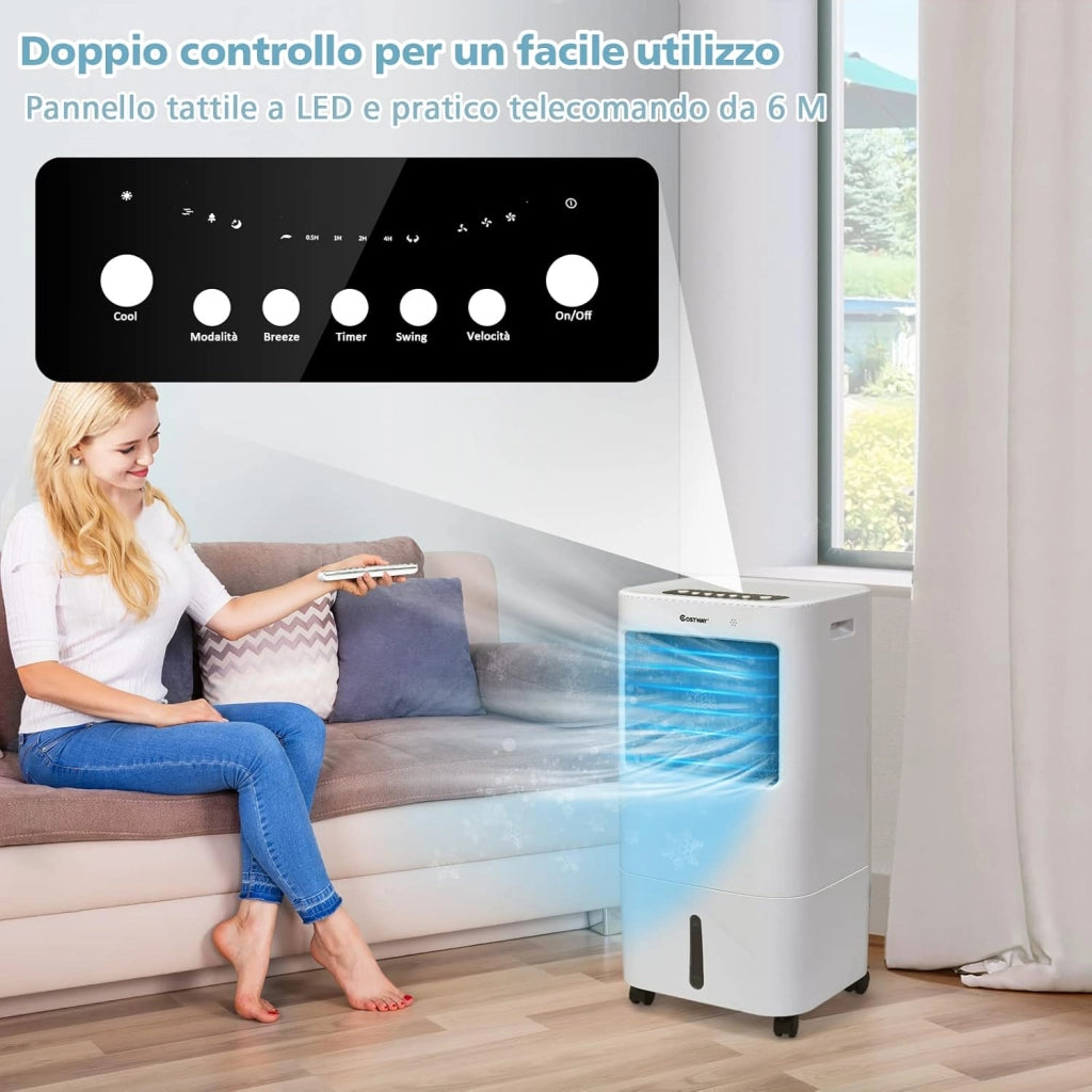 Condizionatore Portatile 3 in 1, Con Raffreddamento, Ventola e Umidificazione, Serbatoio dell’acqua di 20 L, 7,5 H Timer, Con 4 Velocità, Telecomando e Ruote
