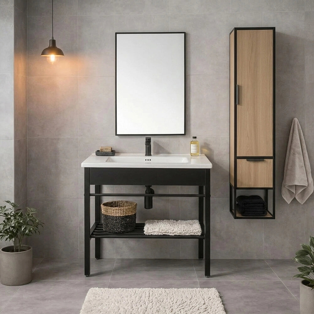 Mobile bagno a terra in metallo 80 cm nero opaco con specchio e pensile linea Borg