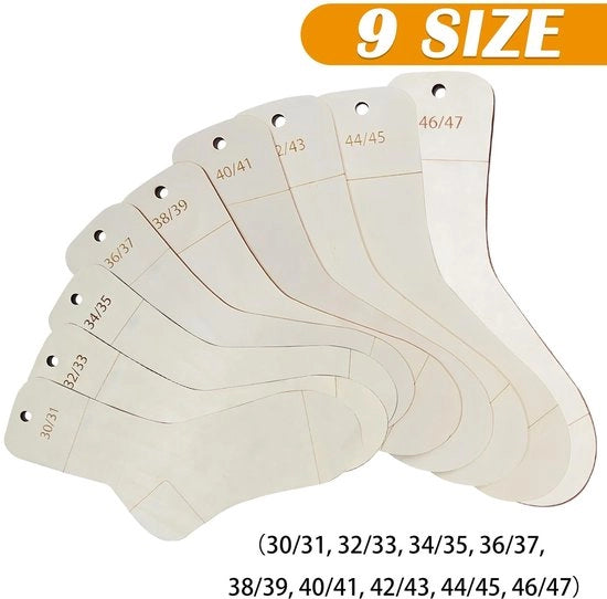 Sokkenspannatori in legno 9 pezzi - 30-47 cm - Aiuto per stivare calze - Blocchi per calze - Indicatore di misura - Aiuto per stivare calze
