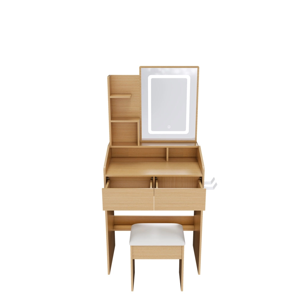 Toeletta con 2 cassetti; specchio LED e presa integrata; portasciugacapelli e sgabello; per camera da letto; 60×36×130 cm