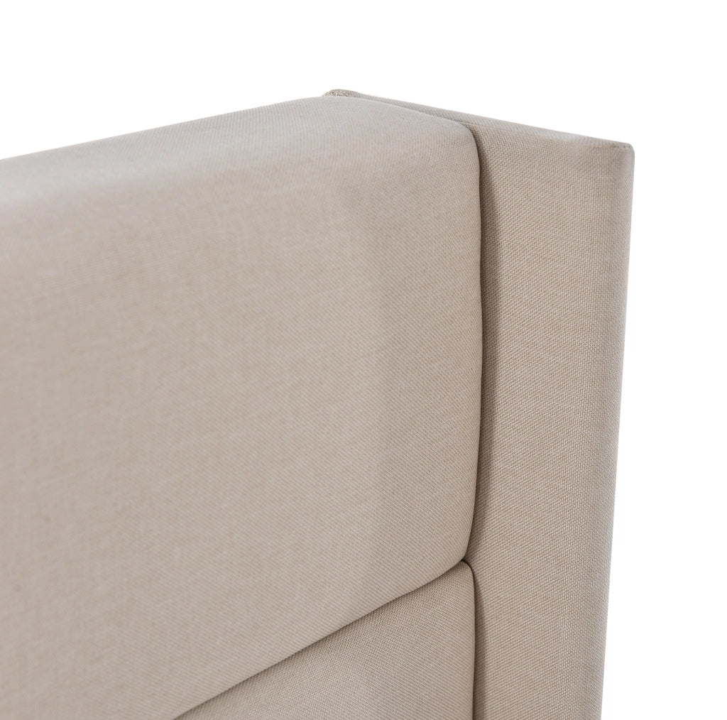 Letto contenitore matrimoniale 140x200 cm in lino beige con rete sollevabile e testiera imbottita