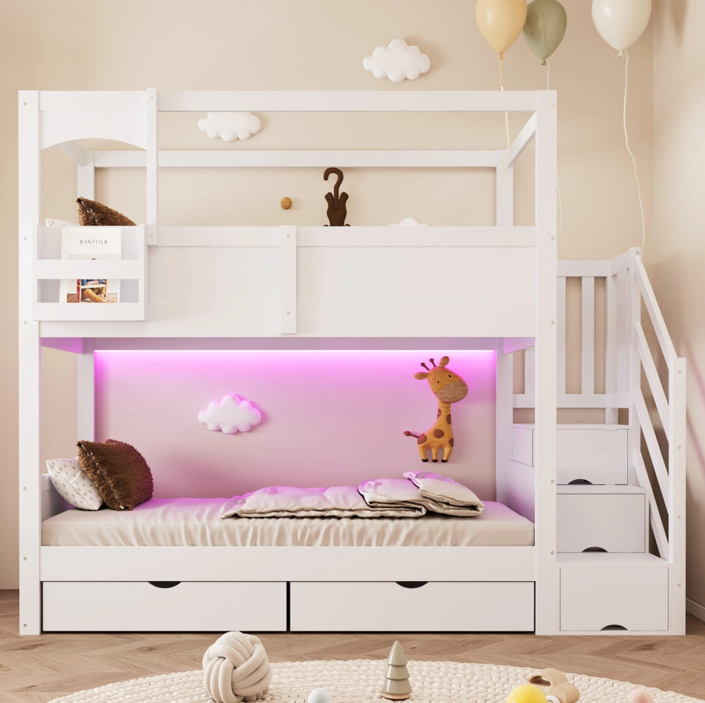 Letto a castello per bambini 90x200 cm a casetta con scala contenitore in legno bianco