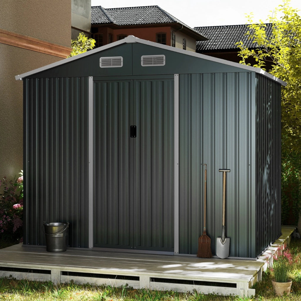 Ampio portattrezzi con tetto spiovente e porte scorrevoli base a pavimento-Capanno da giardino esterno 4 prese d'aria Grigio scuro