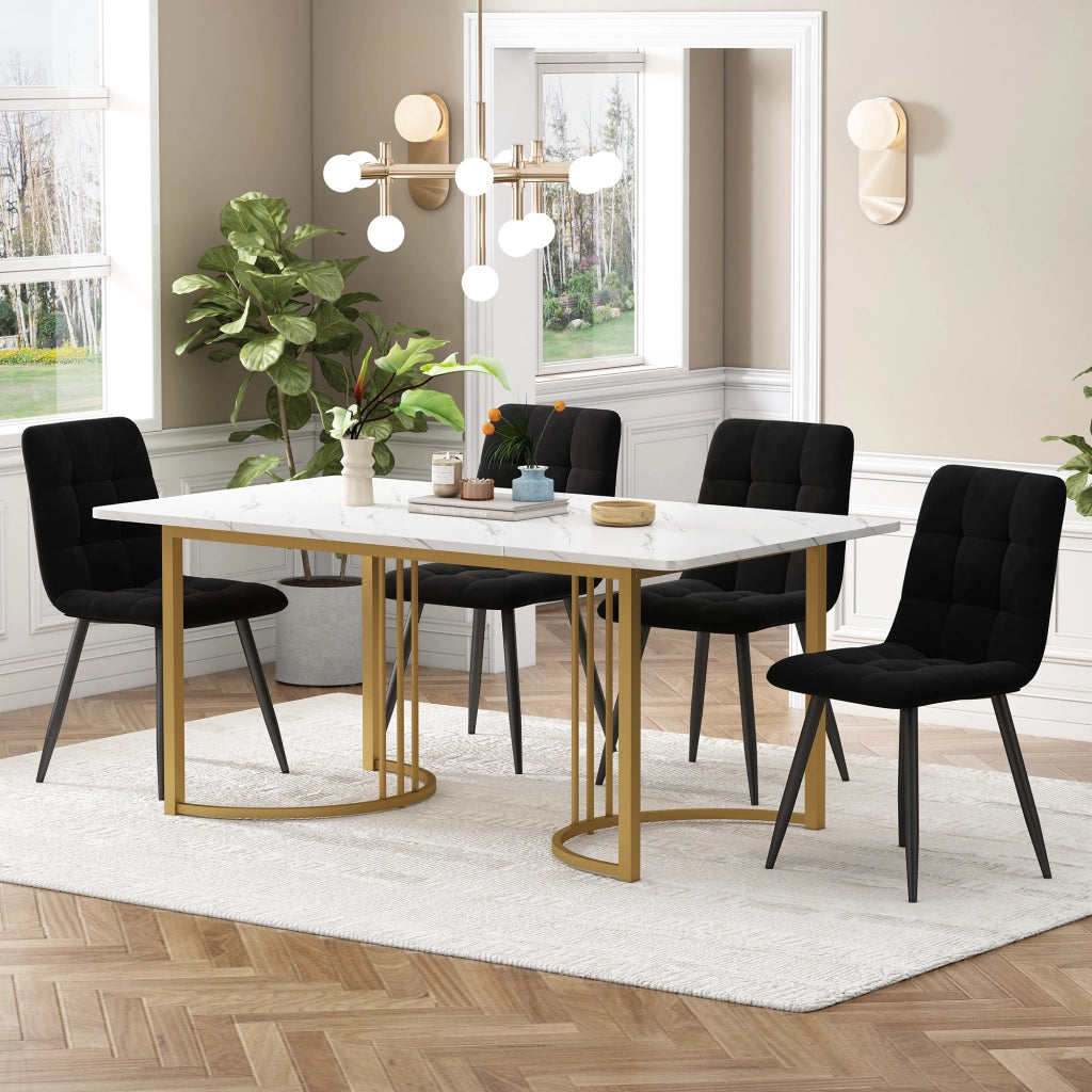 Tavolo da pranzo per 4 persone con 4 sedie in velluto, piano in MDF effetto marmo, bianco, 140 × 80 × 75 cm
