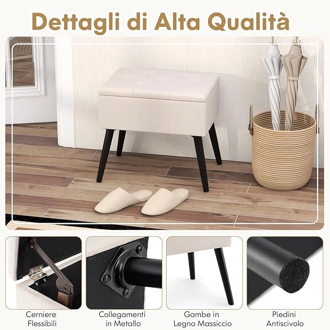 Sgabello da Toeletta con Contenitore, Pouf in Velluto con Gambe in Legno Massello & Seduta Imbottita per Cambio Scarpe, Poggiapiedi Moderno per Camera da Trucco, Ingresso (Beige)