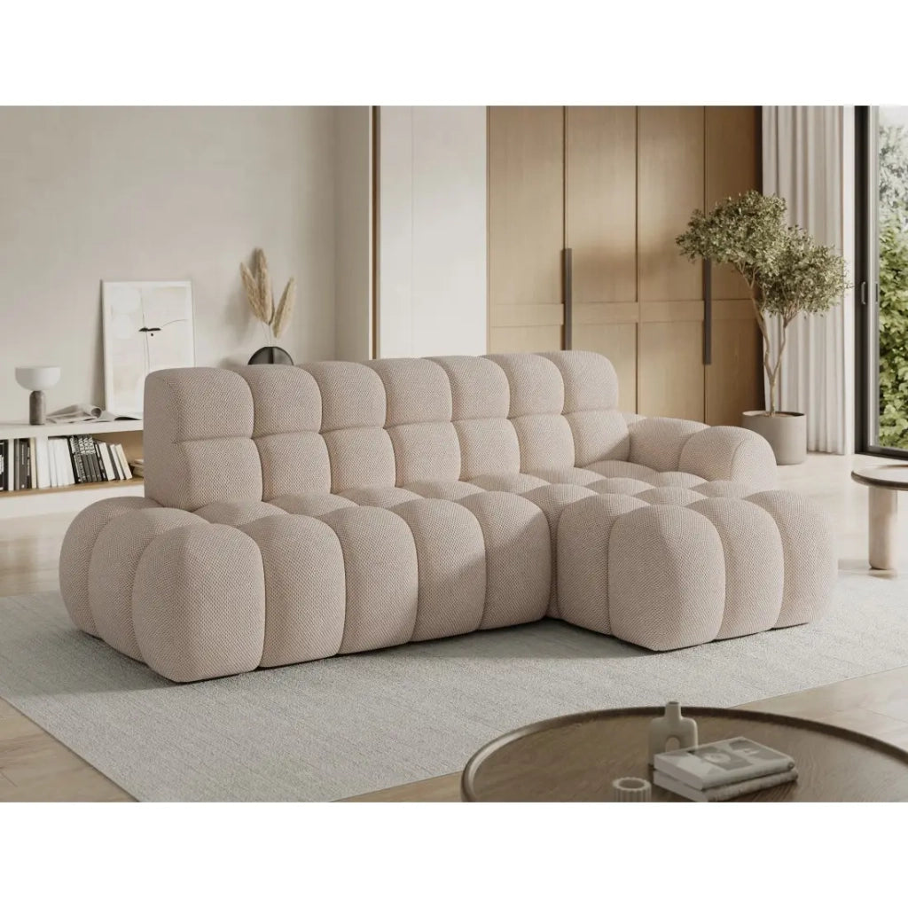 Divano ad angolo convertibile BULLA 3 posti beige angolo destro - tessuto a nido d'ape con estensione seduta elettrica
