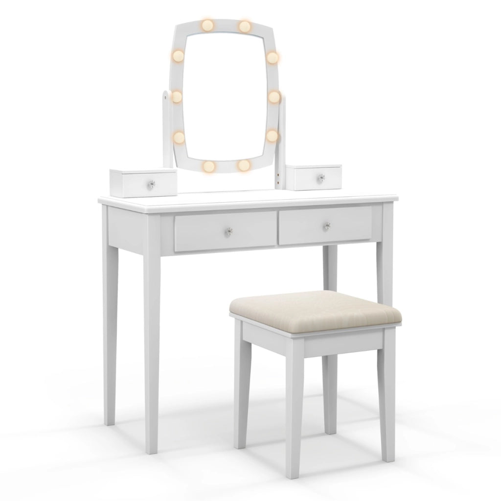 Scrivania per trucco con specchio illuminato girevole luci LED dimmerabili a 3 colori sgabello imbottito, Set di vanit¨¤ Bianco-Tavoli da trucco