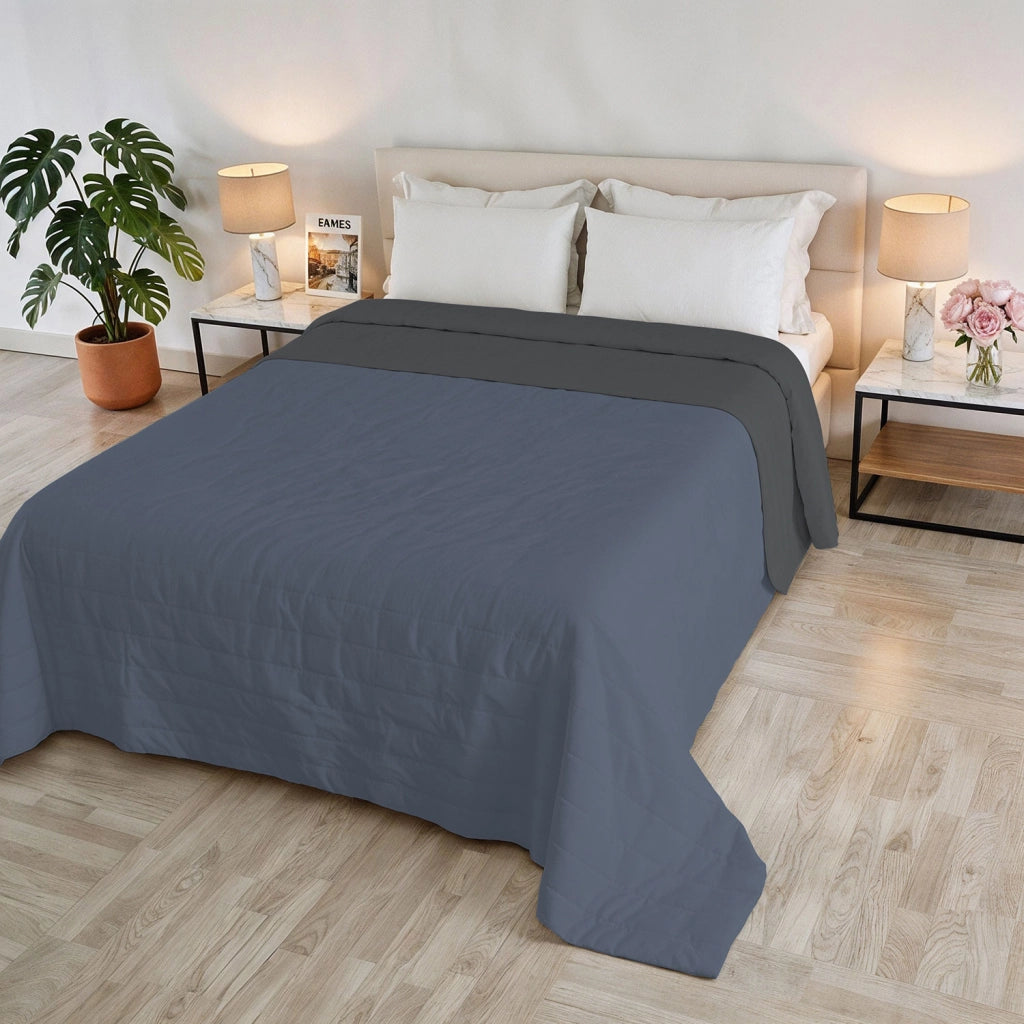 Trapuntino Estivo Double Face Effetto Water Washed Matrimoniale 260x250 cm in Poliestere Blu e Grigio Scuro