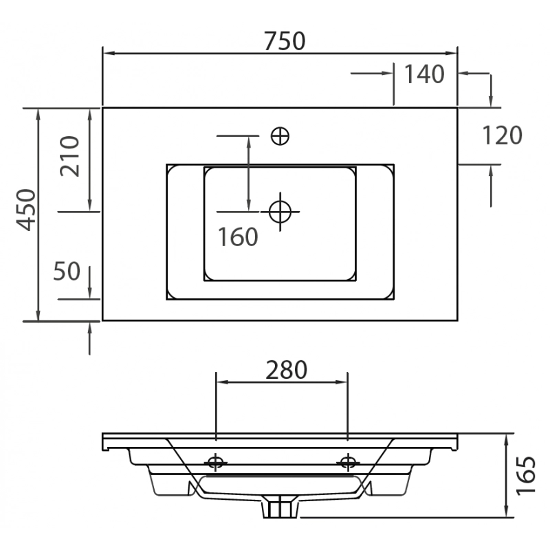 Lavabo rettangolare sospeso ETNA 75x45x16,5 cm in porcellana