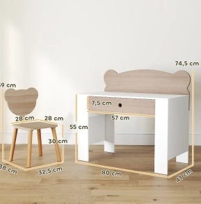 Set scrivania e sedia per bambini in legno naturale con cassetto