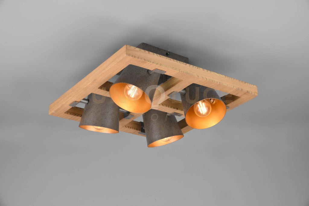 BELL PLAFONIERA QUADRATA LEGNO NATURALE 4 SPOTS ORIENTABILI DIFFUSORI METALLO ACCIAIO ANTICATO INTERNO ORO 39X39CM ATTACCO E14