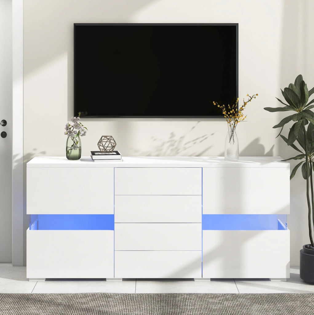 Madia bianca con LED, 4 cassetti e ante in acrilico