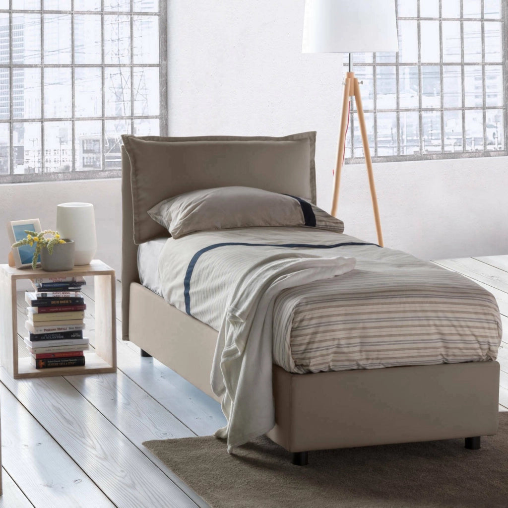 Letto singolo Ancara, Letto contenitore con rivestimento in tessuto, Made in Italy, Apertura frontale, con materasso cm 80x200 incluso, Tortora