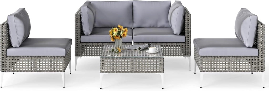 Tavolino e 2 Sedie da Giardino, Set da Conversazione in Rattan con Cuscini e Tavolino in Vetro Temperato, Set da Bistrò per Veranda, Balcone e Cortile (Modello 1,3 pezzi)