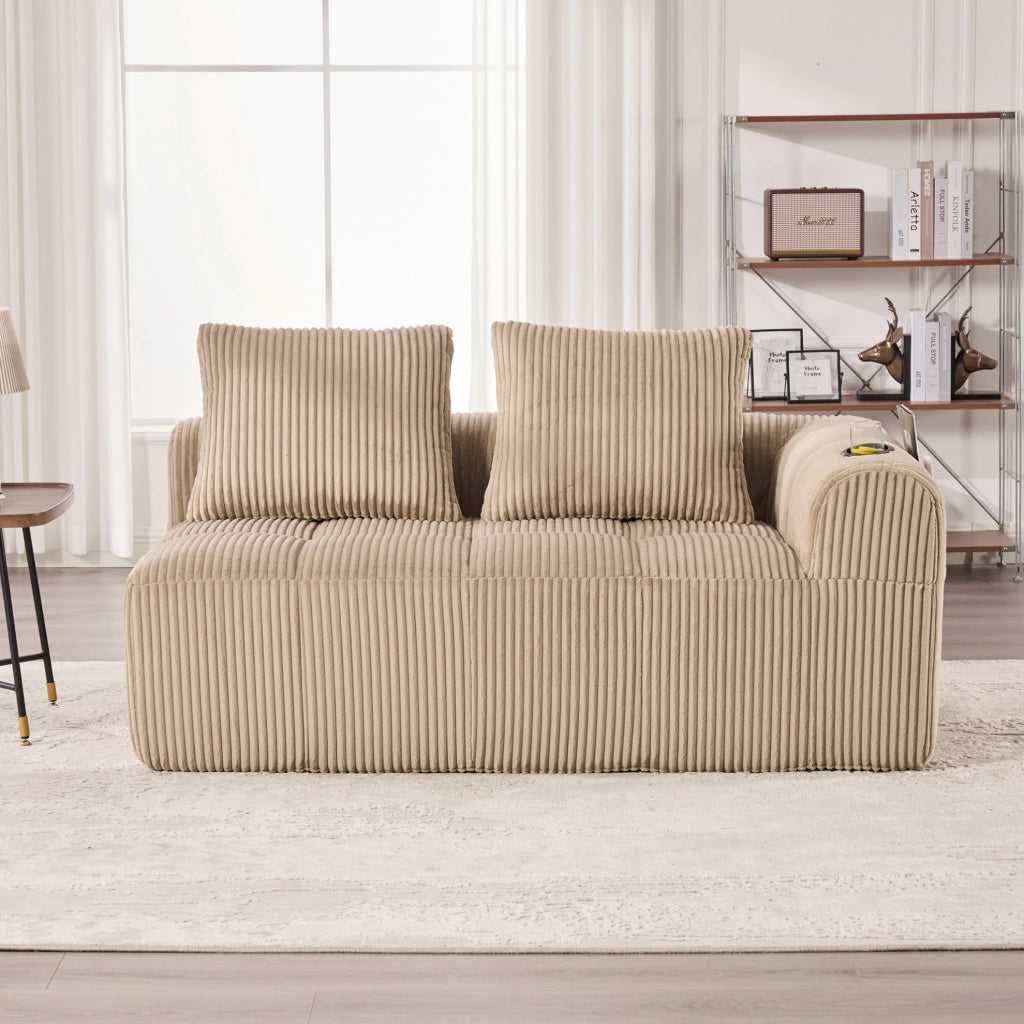 Divano a 2 posti 158x93x61 cm con tasche laterali e portabicchieri in tessuto a coste khaki