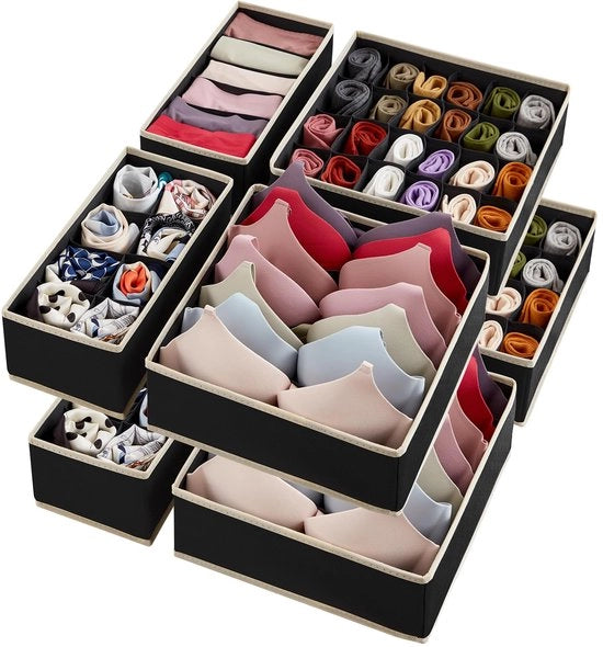 Organizzatori per la gestione del contenuto della vestiarium, 8 pezzi, cassetti pieghevoli per l'organizzazione e i contenitori di archiviazione per la conservazione di lingerie, reggiseni e sottovesti, nero