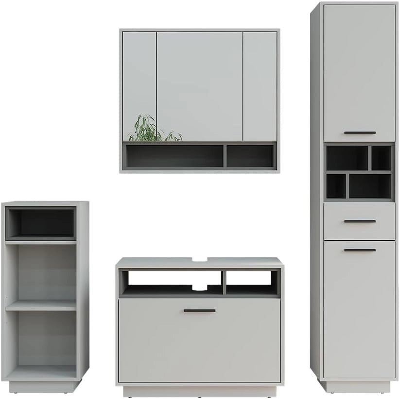 Set di mobili da bagno Beatrice, Rovere artigianale/antracite, 80 cm, composto da mobile lavabo, pensile a specchio, colonna e base media