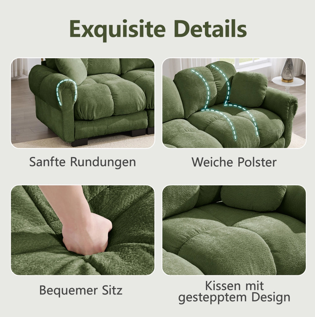 Divano modulare in ciniglia con pouf mobile; 260 x 149 x 90 cm; verde